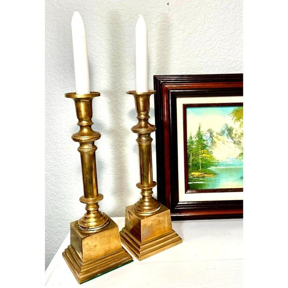 Vintage 12 Inch Brass Candles Holders Pair Heavy Base 1970s - Picture 1 of 9